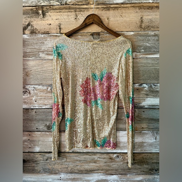 FREE PEOPLE Gold Sequin Floral Top Size Large Long Sleeve Sheer Stretch - Picture 6 of 6